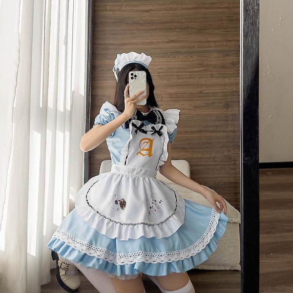 Sininen Alice pelikortit Lolita-sisäkkömekko Asut Cosplay tytöille Nainen Tarjoilija Alice Pokeri Sisäkkö Juhla Lava-asu 4XL