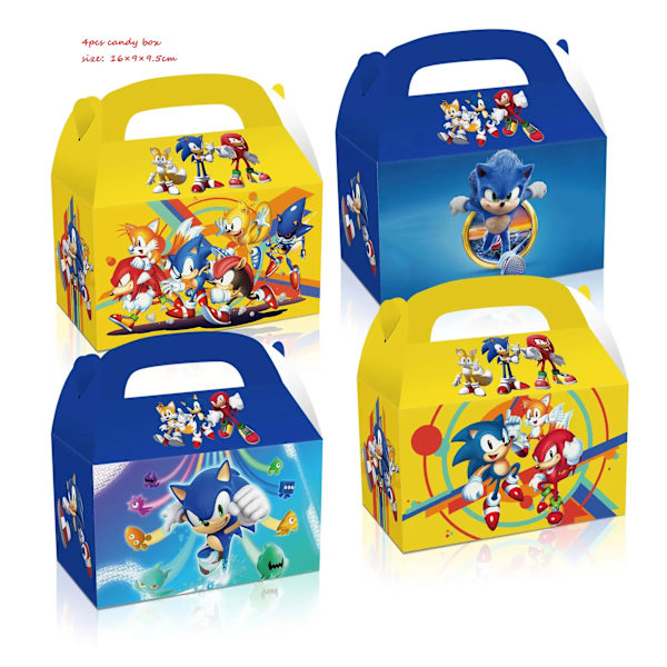Nya Tecknade Sonic Kalas Tillbehör Pojkar Födelsedagsfest Engångsservis Set Papperstallrik Mugg Servetter Baby Shower Dekorationer candy box 4pcs