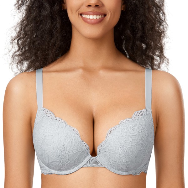 Push Up Spets-BH för Dam Plus Size Djup V-ringning Opal Gray06 C