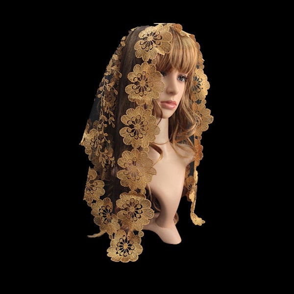 Rosa Spansk Stil Blonde Mantilla Dame Bryllup Hodeplagg Kirkeklede dark camel on black