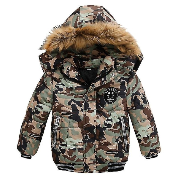 Hettejakke for barn Vinter Bomullsjakker Fuskepelskrage Overfrakker Camouflage 100cm