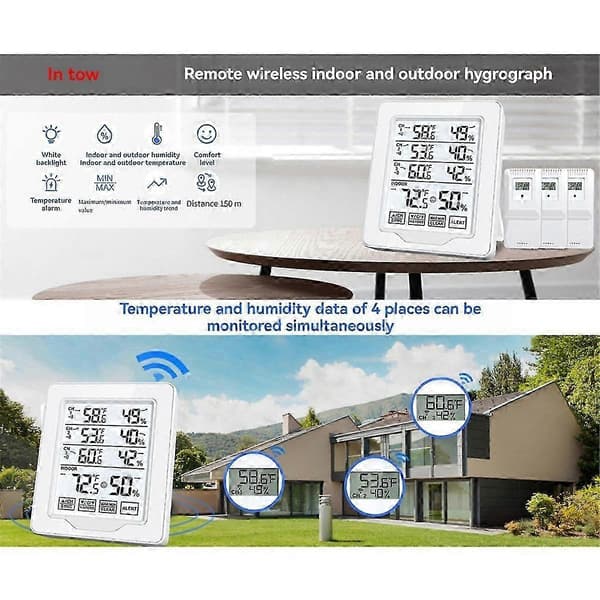 Digitalt Termometer Hygrometer Innendørs Luftfuktighet Med 3 Sensor Skjermdisplay Hvit Bakgrunnsbelyst Stor Skjermopptaker
