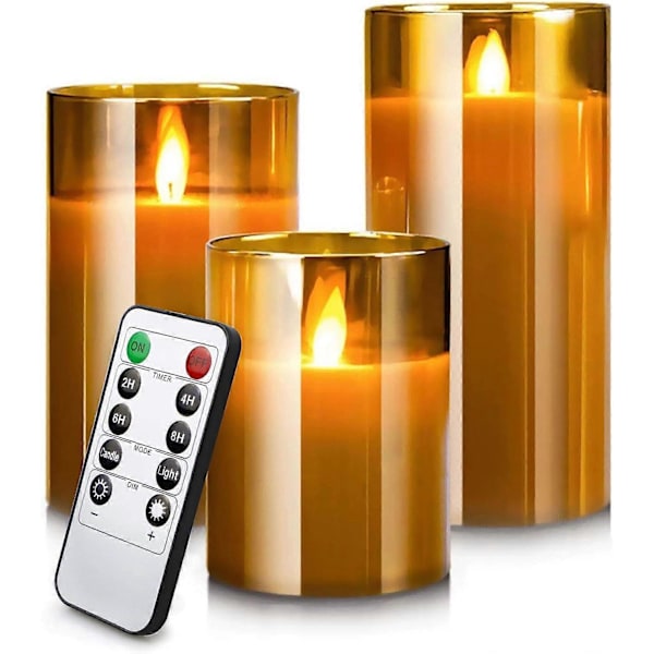 LED Flammeløse Lys med Timer & Fjernkontroll, Grå Glasslys Gaveeske, Sett med 3 Batteridrevne Pilarlys, 4\" 5\" 6\"