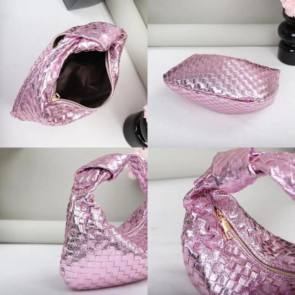 Trendiga handstickade handväskor för kvinnor stickade axelväskor flickplånböcker Pink 23x22x14CM