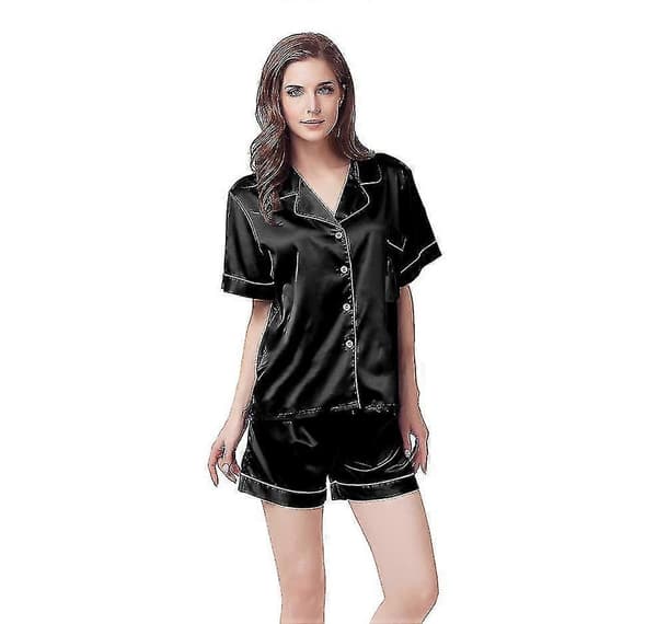 Satin Pyjamas Dam Kortärmad Sovkläder Black 2XL