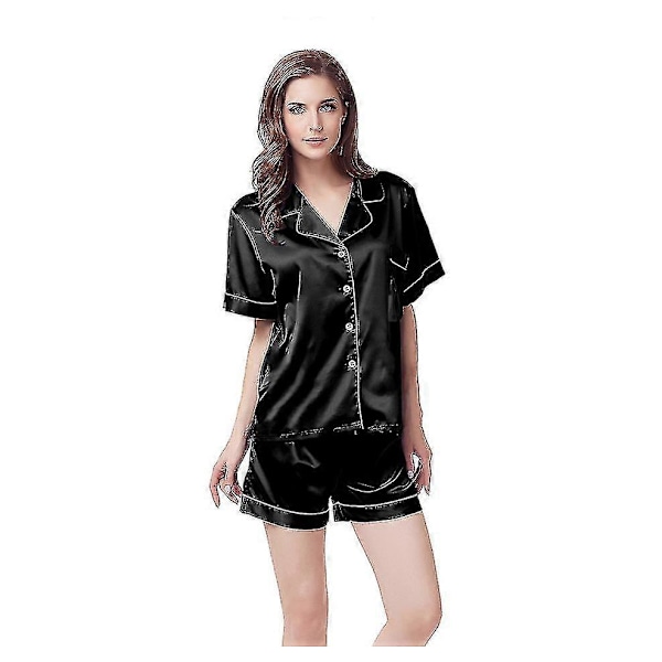 Satin Pyjamas Dam Kortärmad Sovkläder Black M