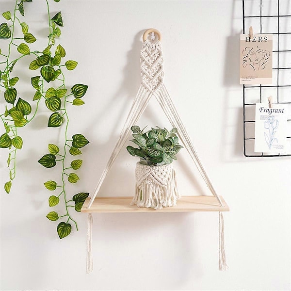 2 ST Hängande Hylla Boho Handgjord Böhmisk Trä Växter Flytande Rep Hyllor Dekorativ Hållare, C