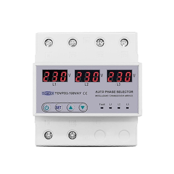 100A 3-fase 3P+N skinnefasevelger voltmeter med justerbar over- og underspenningsbeskyttelse