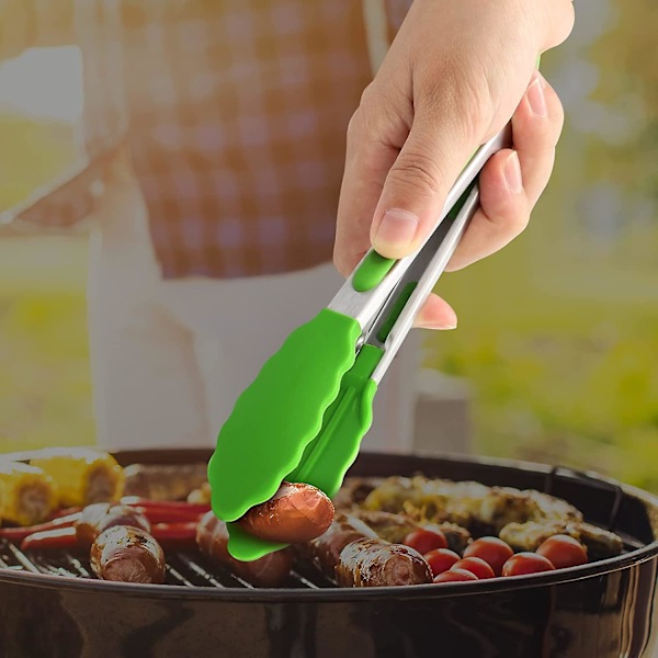 Set med 5 Små Tänger i Silikon 18 cm Mini Serveringstänger Små Tänger i Silikon Matlagningstänger i Rostfritt Stål för Sallader, Grillning, Stekning och Matlagning.