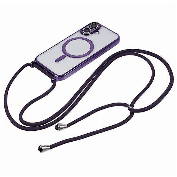 Kompatibelt skal för iPhone 16, kompatibelt med MagSafe, elektropläterad TPU-mobilskydd med långt snöre Purple