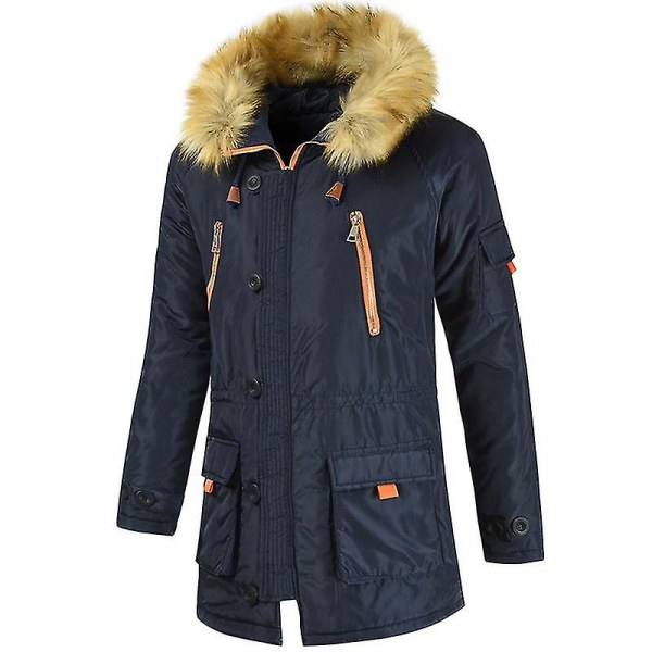 Män Vadderad Parka Jacka Vinter Varm fuskpäls Hooded Ytterkläder Topp Navy M