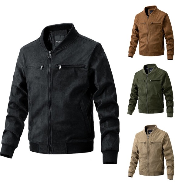 Herre Semsket Vindtett Langermet Jakke med Glidelås Casual Arbeidsjakker Lomme Bomullsjakke Topp Amerikansk Stil Anti-fall Herrejakke Army Green XXL