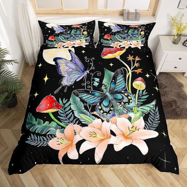 Blommor Moth Butterfly King Queen Cover Trippy Mushroom Set Moon Starry Sky Quilt Cover Polyester Cover