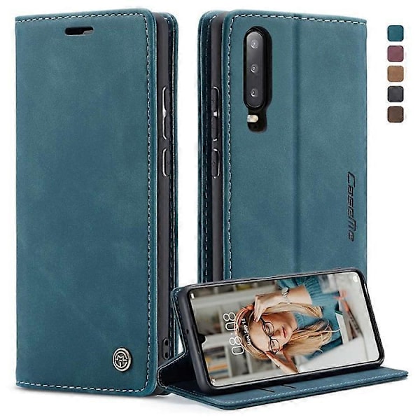 CASEME 013-serien Kompatibel med Huawei P30 Stötsäkert PU Läder Ställ Skydd Anti-repa Plånboksfodral Blue