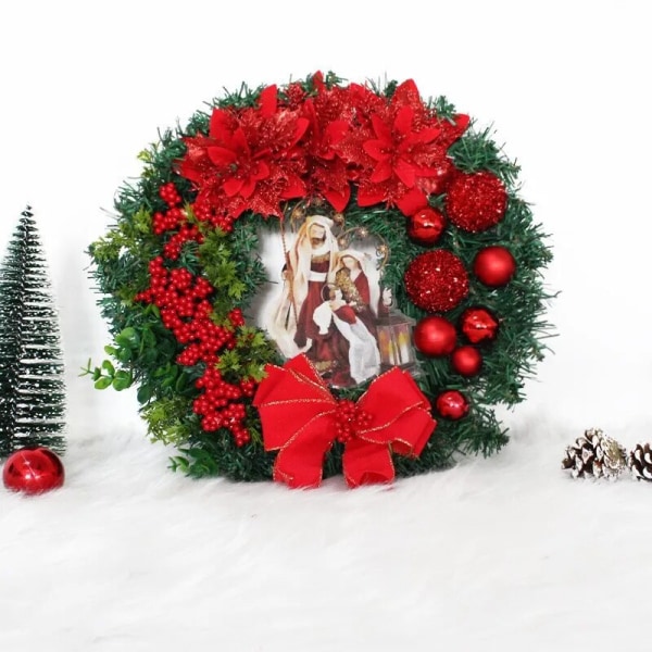 Dørkrans med lys Dørkranse til døre Julepynt Rødt Jesus-mønster Blomsterguirlande Juledekorationer 2023 Golden Jesus 45CM