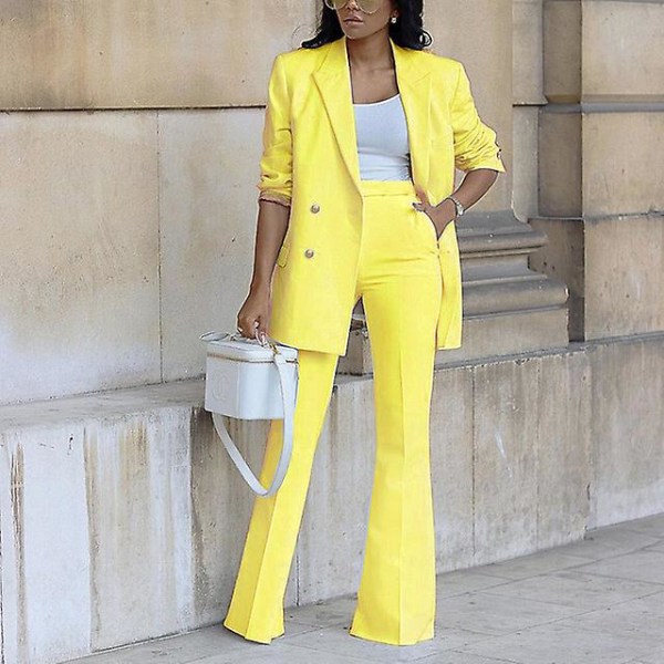 Naisten Solid Blazer Set Syksyinen Casual Office Lady Blazers Takki Leveälahkeiset housut Business Blazer Suit Korkea vyötärö bleiseripuku Yellow L