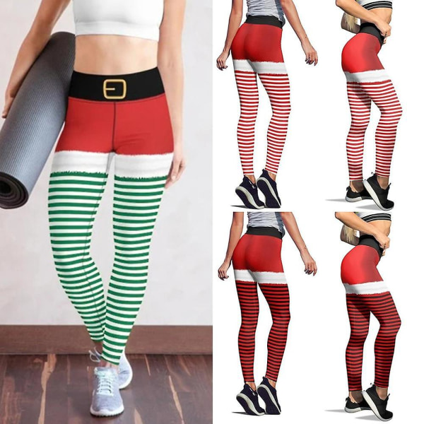Nya God Jul Leggings Hög Midja Elasticitet Kvinnor Tryckta Randiga Snö Leggings Punk Bälte 3 Färger Byxor D-JK1-127 S
