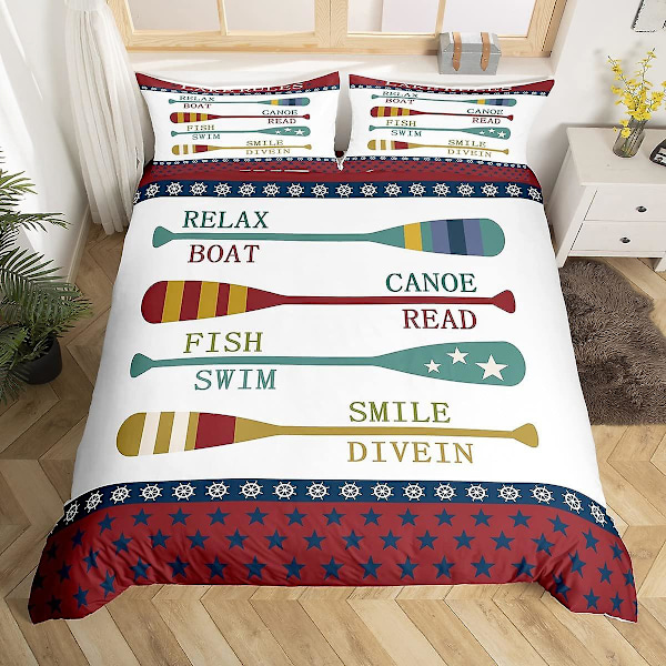 Nautiskt Sängklädesset King Queen Size Fyr Paddel Fiskebåt Påslakan Tecknad Blå Rand Sjö Mikrofiber Täcke