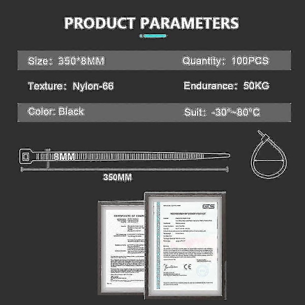 100 stk. Lange Kabelbinder - 350mm X 8mm - UV-Resistente - 50kg Trækstyrke - Sort