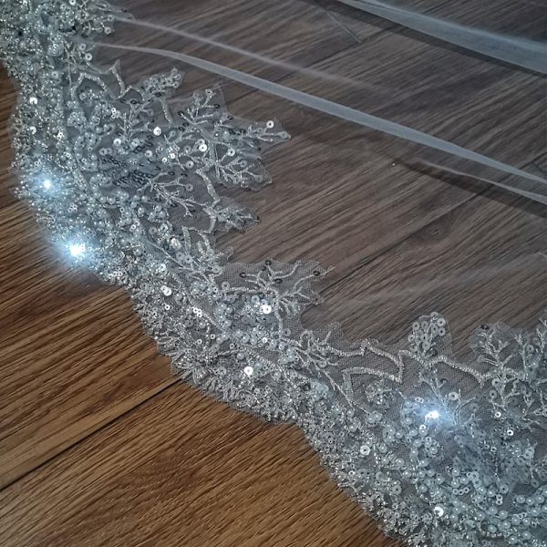 Brudekjole Bryllupskjole Glitrende Perle Paljett Blonder Katedral Bryllup Hårtilbehør Slør ivory 350cm
