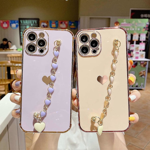 Sött iPhone 13 Pro Max Skal med Kärlekshjärta Armbandsrem, Pläterat Guldglitter Skydd, TPU Stötfångare Skyddande Mobilskal 6.7\" (Lila)