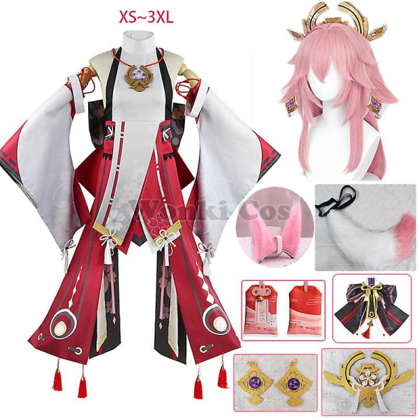 Genshin Impact Yae Miko Cosplay Kostym Kvinnor Rosa Långt Hår Peruk Genshin Cosplay Kostymer Yae Miko Amulet Full Set XXXL