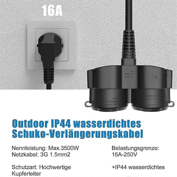 Kaksoispistorasia pistorasiaan, jatkojohto 2 Schuko-pistorasialla, monipistorasia ulkokäyttöön, 16 A / 250