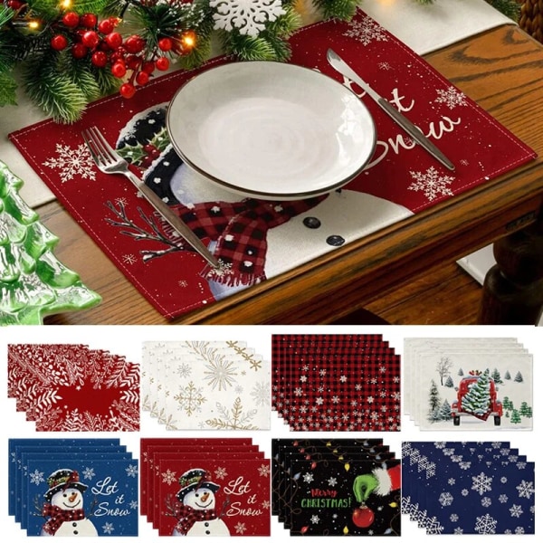 4 stk Merry Christmas Dækkeservietter Snemand Juletræ Mønster Trykt Dækkeserviet Juleisoleret Polyester Printet Måltidsmåtte Clear 30x45cm