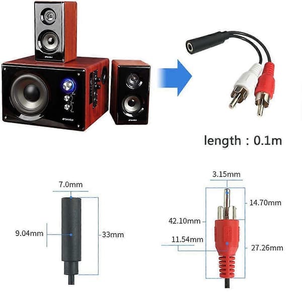 3,5 mm hun til 2 RCA han adapterkabel lydsplitter til højttalere