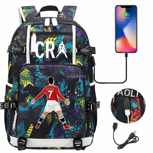 CR7 Tryckt Ryggsäck Pojkar Flickor Skolväska USB Resväska Green