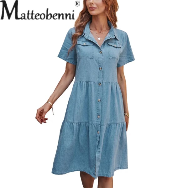 Fashion enkeltknappet cardigan denimkjole med revers, patchwork-lomme, sød stil, afslappet kjole Blue XXL
