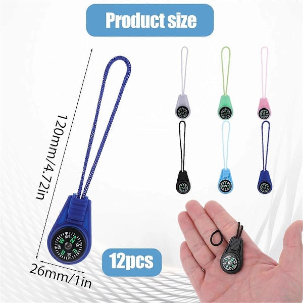 12 st Flerfärgade Utomhus Fickkompasser, Små Kompasser med Paracord, Portabel Knappkompass-kit, Mini Kompass Överlevnad