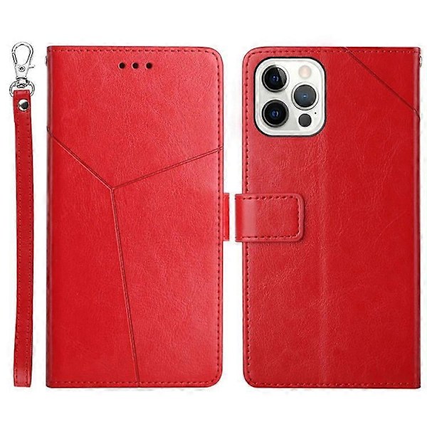 Kompatibel for iPhone 14 Pro Max 6.7 tommer Mobiltelefondeksel Fullstendig Omsluttet PU-Lær Y-Formede Linjer Preging Lommebok Stativ Telefon C Red