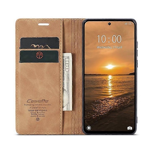CASEME 013 Serien Kompatibel För Xiaomi Redmi 13 5G / 13 4G / Redmi Note 13R 5G Fodral Kort Hållare Ställ Läder Telefonskal Brown