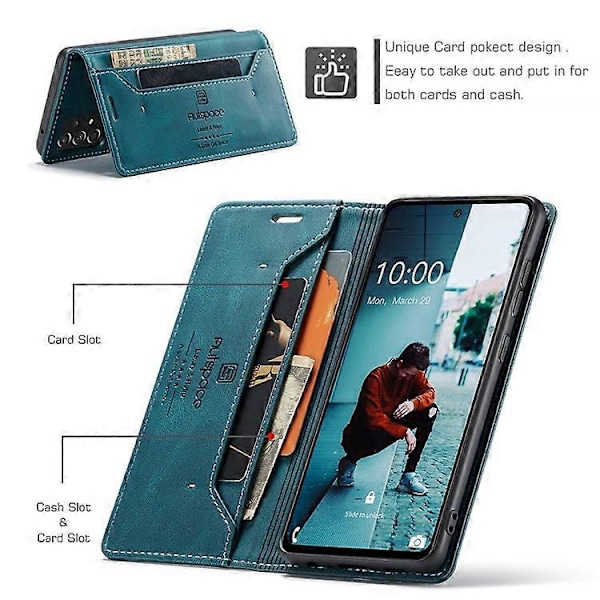 AUTSPACE A01 Serie Kompatibel Med Samsung Galaxy A52 4G/5G/A52s 5G PU Læder Etui RFID Wallet Flip Stand Cover Blue