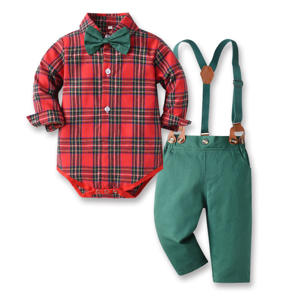Julkläder för barn Nya pojkar Rutig Långärmad Kavaj Bomull Kofta Overaller Juldräkt green Pants 80cm