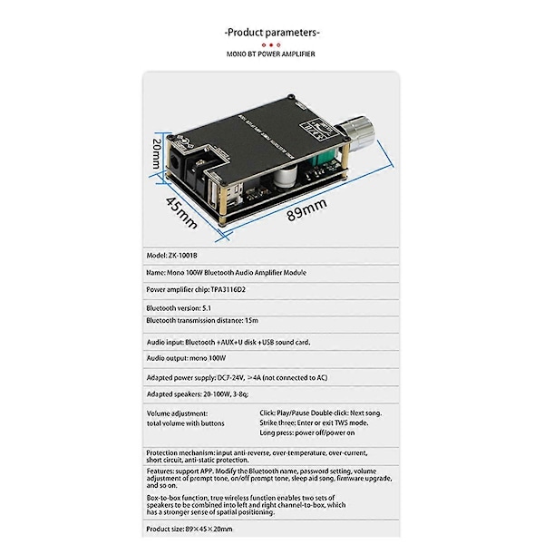 Ny -1001B Mono 100W Bluetooth 5.1 Lydforsterkermodul DC7-24V Effektforsterkerbrikke TPA3116