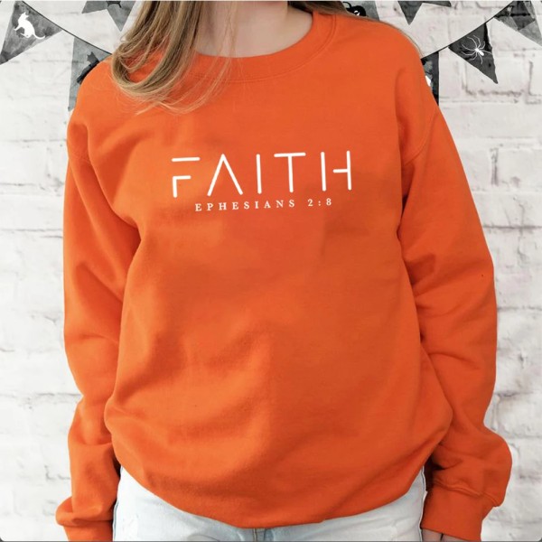 Trendig Faith Sweatshirt Bibelversskjorta Kristna kläder Dam Streetwear Tröja Huvtröja Estetiska kläder Orange XL