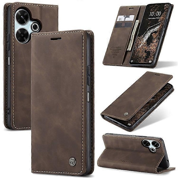CASEME 013 Serien Kompatibel För Xiaomi Redmi 13 5G / 13 4G / Redmi Note 13R 5G Fodral Kort Hållare Ställ Läder Telefonskal Espresso
