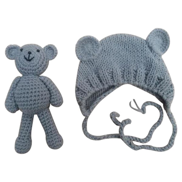 Baby Docka Fotografi rekvisita Set Söt hatt och björn enfärgad Grey