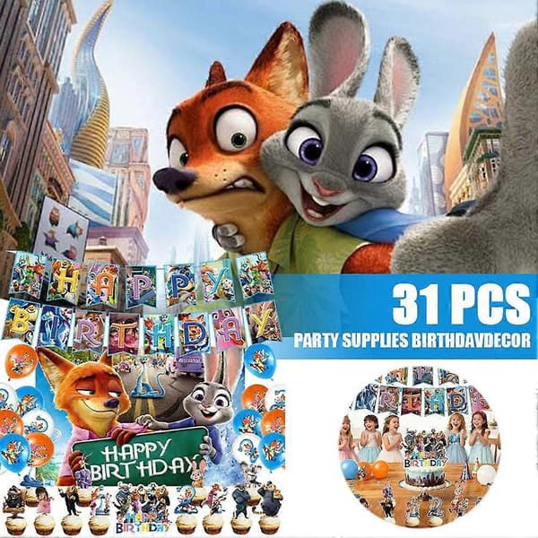 Zootopia Festpynt Sæt 2 Pakker Banner Balloner Kagetoppe Baggrund A