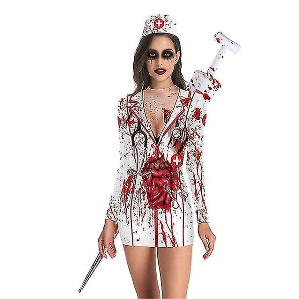 Horror Blodig Sygeplejerske Kranie Kostumer Kvinder Terror Cosplay Halloween Kostumer Til Kvinder Kjoler Spøgelse Sygeplejerske Karneval Prop - hvid XL