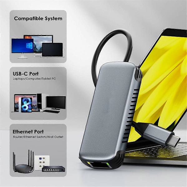 USB C til 5Gbps Ethernet Adapter Driver-Fri RJ45 Gigabit Ethernet Nettverksadapter for Laptop 10/11 O