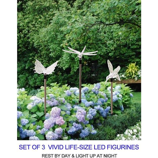 3 LED-väriä vaihtavan aurinkokennovalon setti ulkokäyttöön - Puutarhahahmot (kolibri, perhonen, sudenkorento) - LED-puutarhavalot puutarhakoriste - Piha