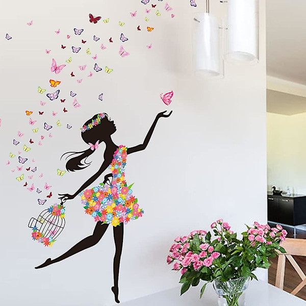 Romantisk Dansende Jente Blomsterfe Sommerfugl Avtakbare Veggklistremerker Dekaler, Barnerom Barnehage DIY Dekorativt Selvklebende Veggklistremerke