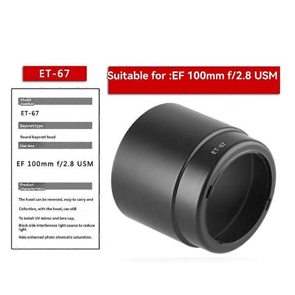 Kameran sylinterin bajonettikiinnitteinen vastavalosuoja ET-67 Canon EF 100mm F/2.8 USM -objektiiville