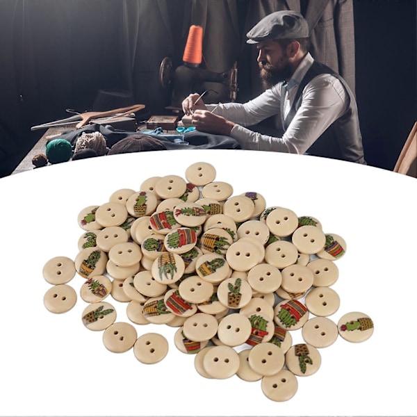 100 stk Blandet Trykk Treknapper 2 Hull Runde Dekorative Treknapper for Søm Håndverk Trefarge Kaktus