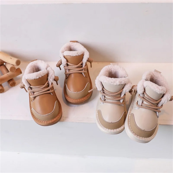 2023 Uudet Baby Pojille Nahkaa Lämmin Pehmo Pikkutyttöjen Kengät Vedenpitävät Liukumattomat Muoti Toddler Lasten Lumisaappaat beige 25(insole 15.5 cm)