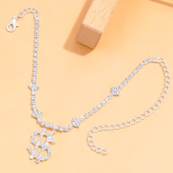 Ins Fashion Large Dollar Sign Anklet Women's Money Pendant Rhinestone Jewelry Silver Plated