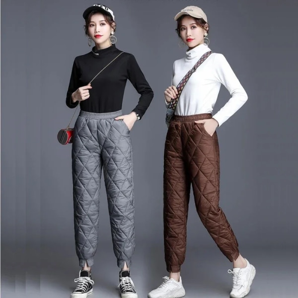 Dame Vinter Varme Dun Bomuldsbukser Koreansk Vindtæt Vatteret Quiltede Bukser Elastisk Talje Sweatpants Varme Quiltede Joggingbukser 2 M